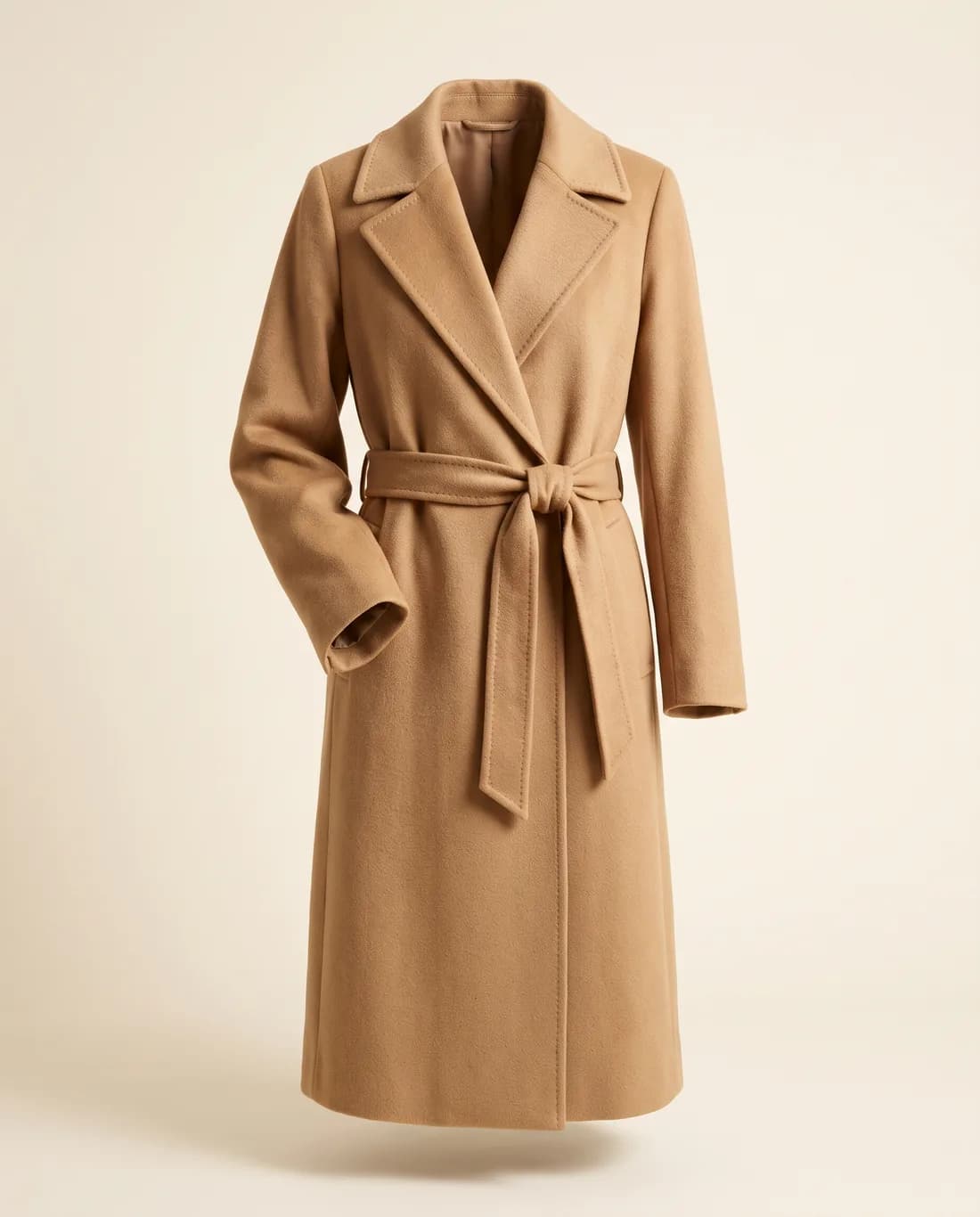Manteau laine camel ceinturé