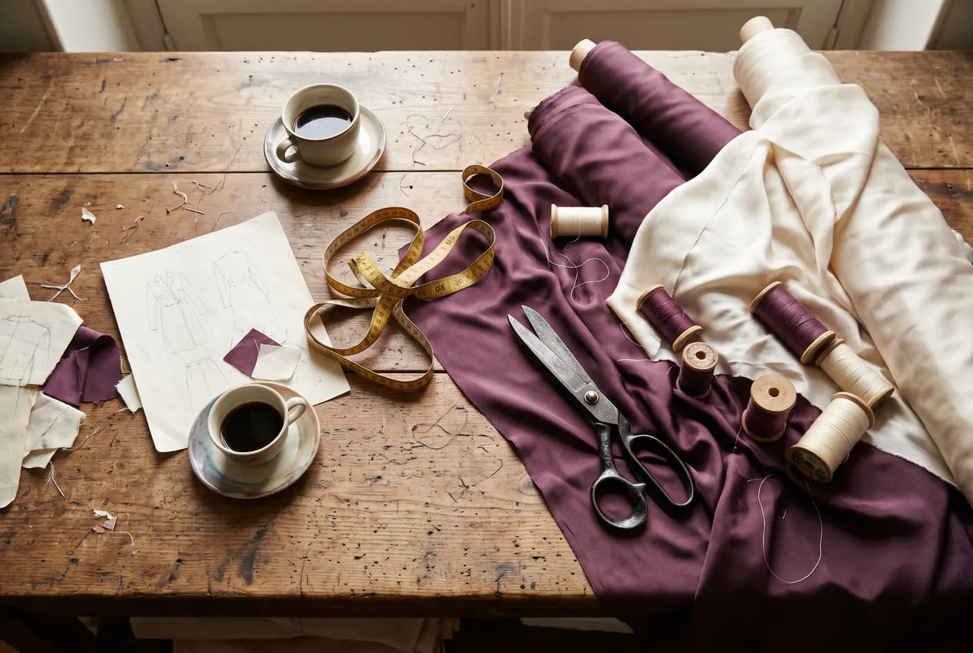 Table d'atelier parisien : rouleaux de soie prune et ivoire, ciseaux de tailleur et mètre ruban